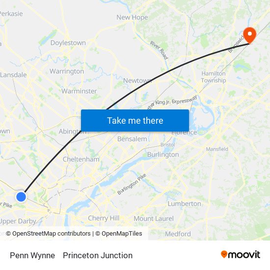 Penn Wynne to Princeton Junction map