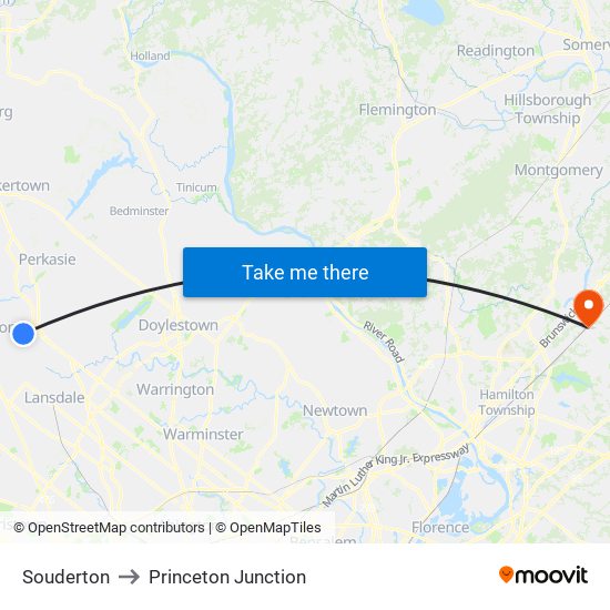 Souderton to Princeton Junction map