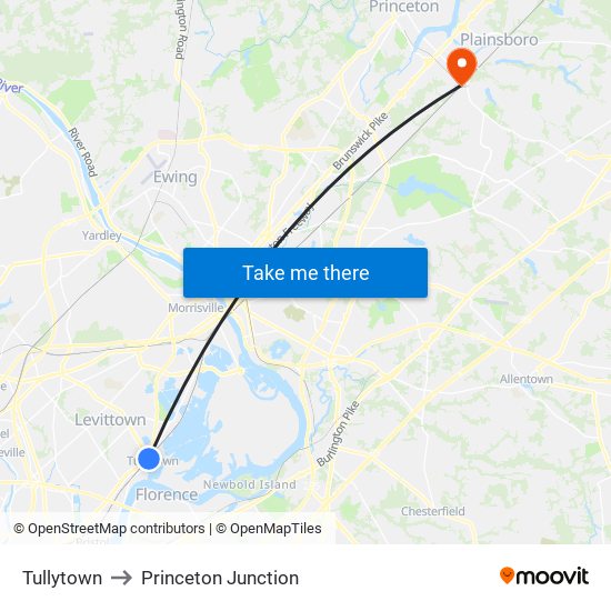 Tullytown to Princeton Junction map
