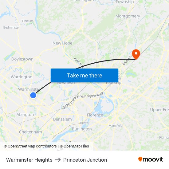 Warminster Heights to Princeton Junction map