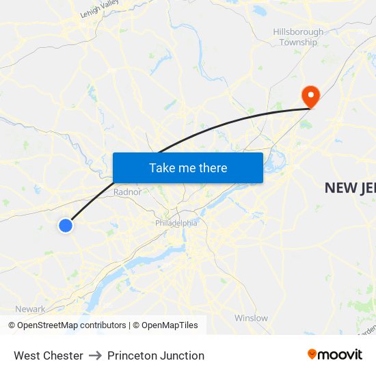 West Chester to Princeton Junction map