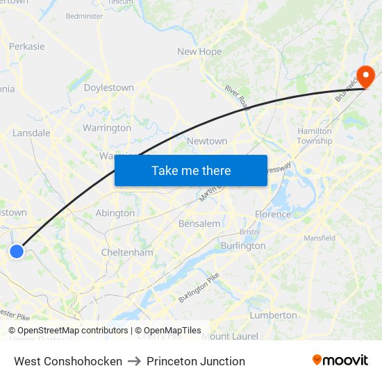 West Conshohocken to Princeton Junction map