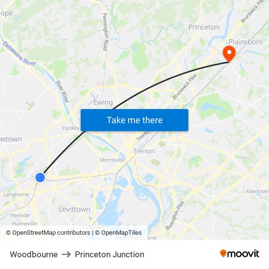 Woodbourne to Princeton Junction map