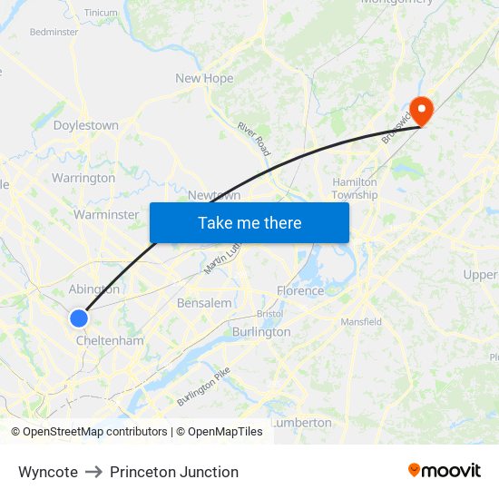 Wyncote to Princeton Junction map
