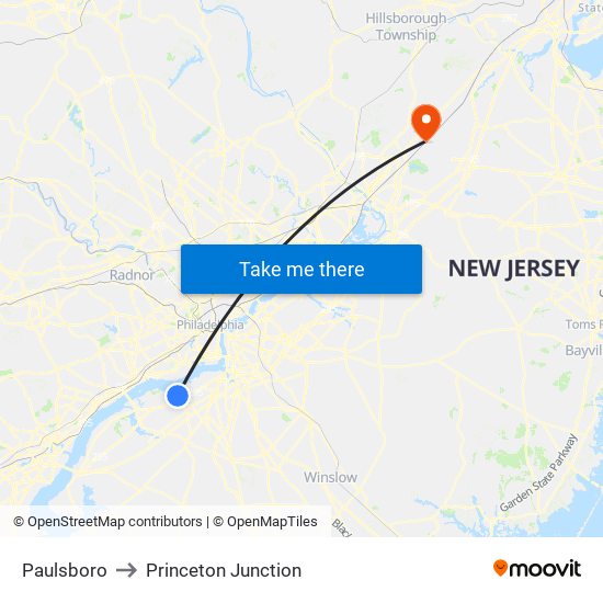 Paulsboro to Princeton Junction map
