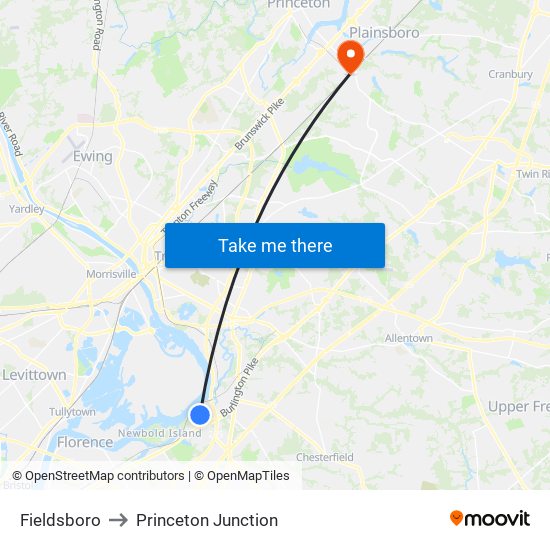 Fieldsboro to Princeton Junction map