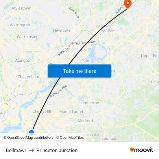 Bellmawr to Princeton Junction map