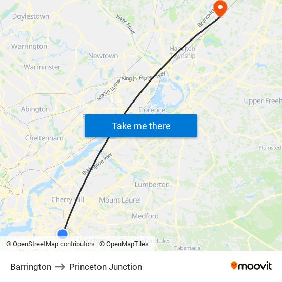 Barrington to Princeton Junction map