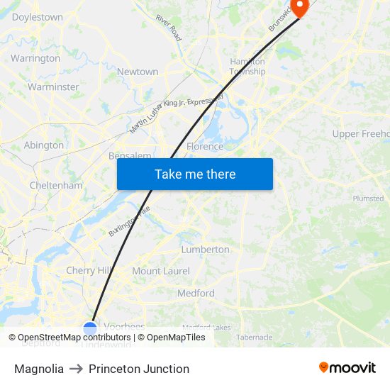 Magnolia to Princeton Junction map