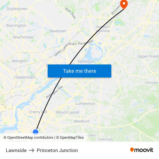 Lawnside to Princeton Junction map