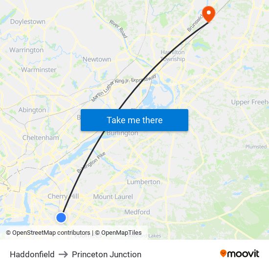 Haddonfield to Princeton Junction map