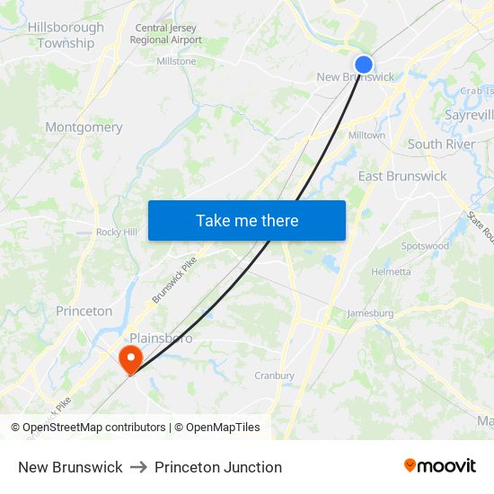 New Brunswick to Princeton Junction map
