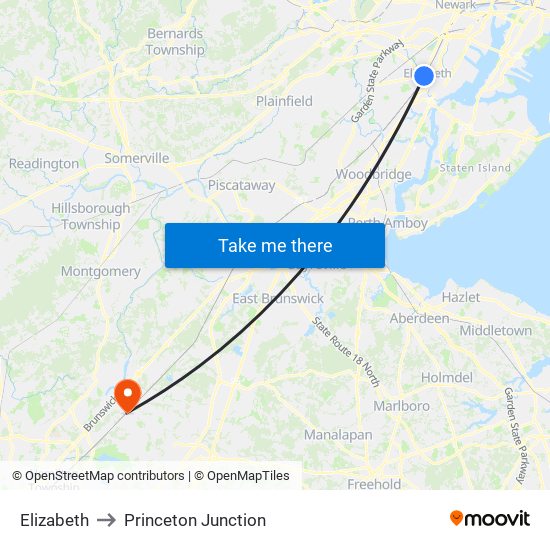 Elizabeth to Princeton Junction map