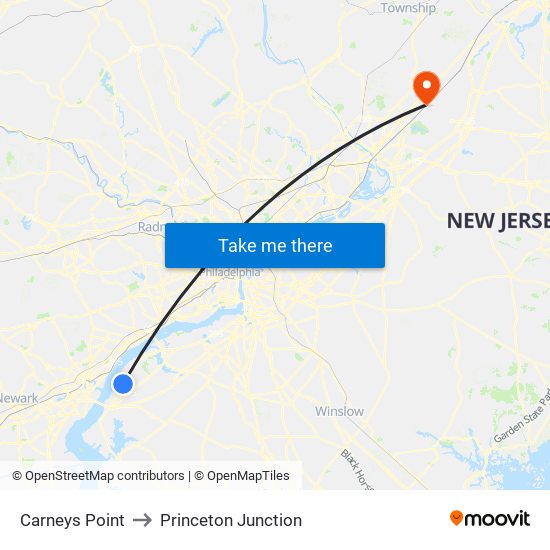 Carneys Point to Princeton Junction map