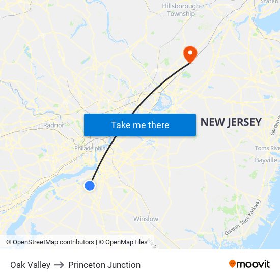 Oak Valley to Princeton Junction map
