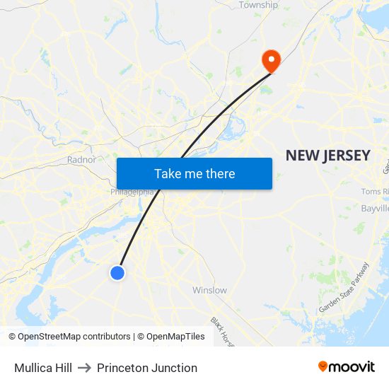 Mullica Hill to Princeton Junction map