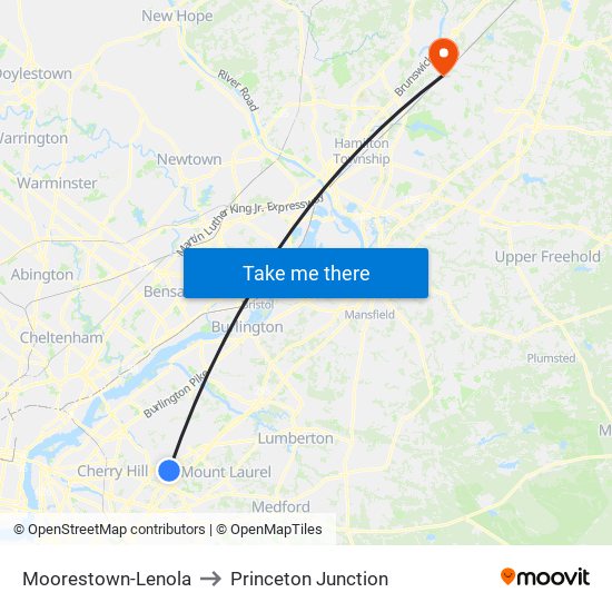 Moorestown-Lenola to Princeton Junction map