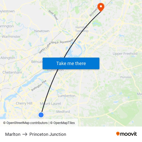 Marlton to Princeton Junction map