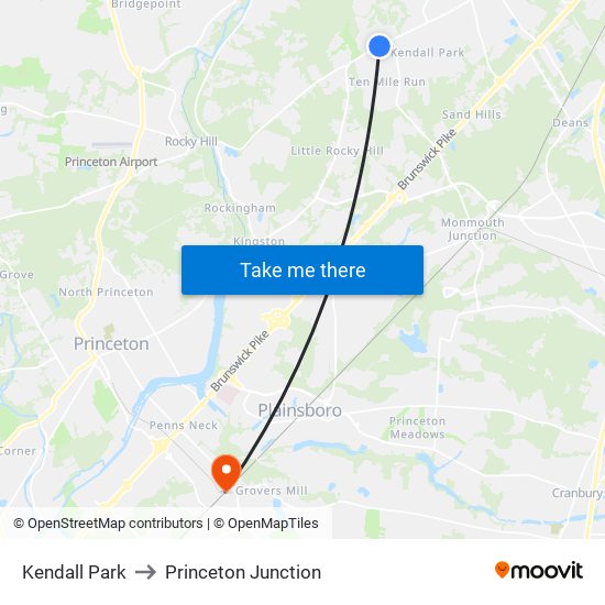 Kendall Park to Princeton Junction map