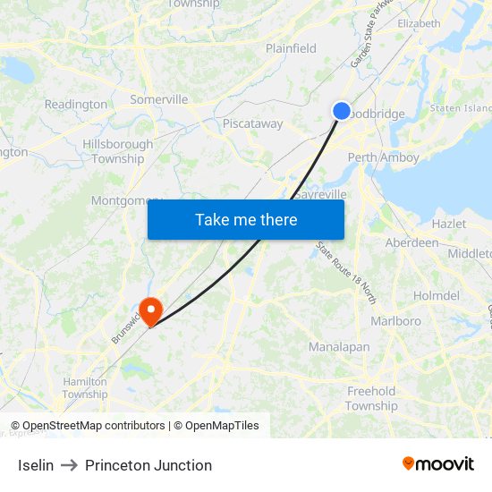 Iselin to Princeton Junction map