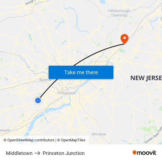 Middletown to Princeton Junction map