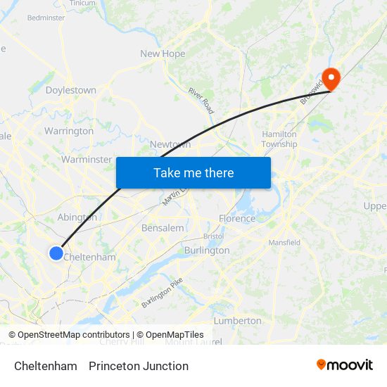 Cheltenham to Princeton Junction map
