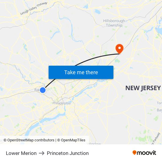 Lower Merion to Princeton Junction map