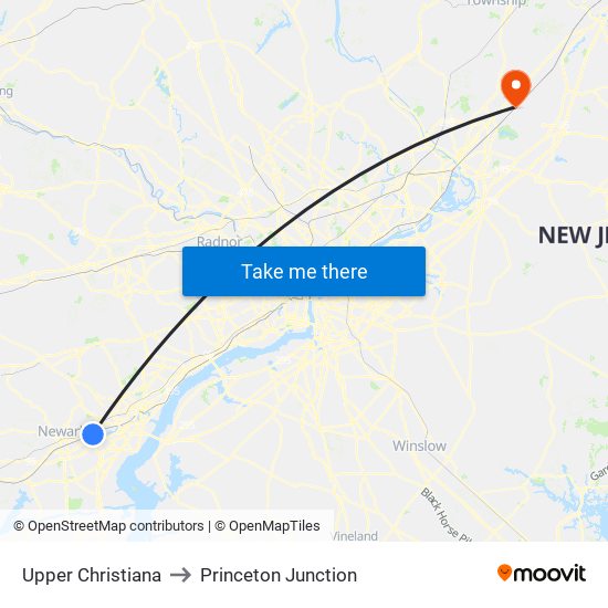 Upper Christiana to Princeton Junction map