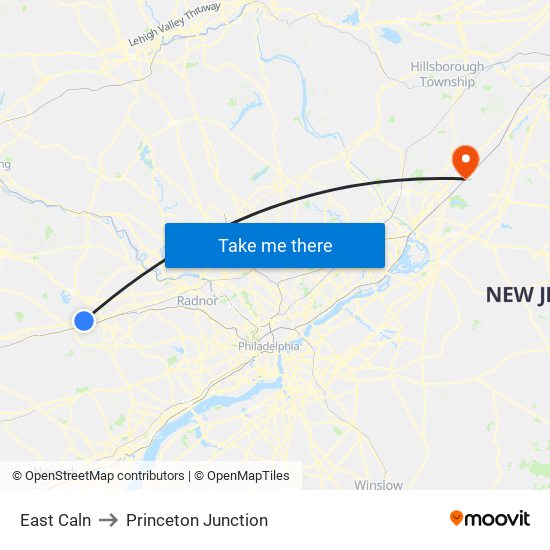 East Caln to Princeton Junction map