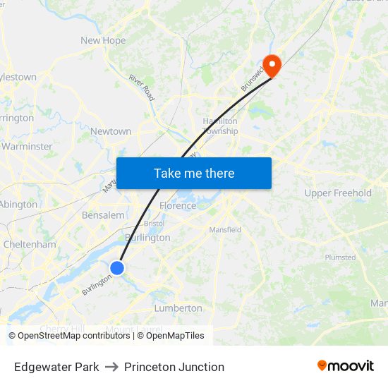 Edgewater Park to Princeton Junction map