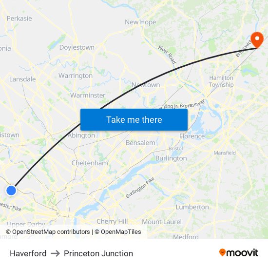 Haverford to Princeton Junction map