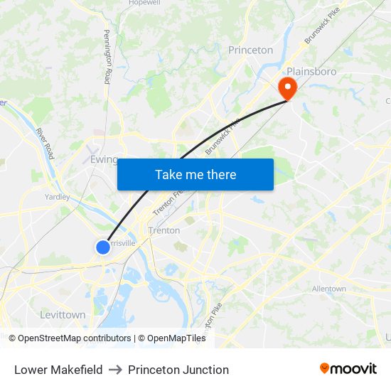 Lower Makefield to Princeton Junction map