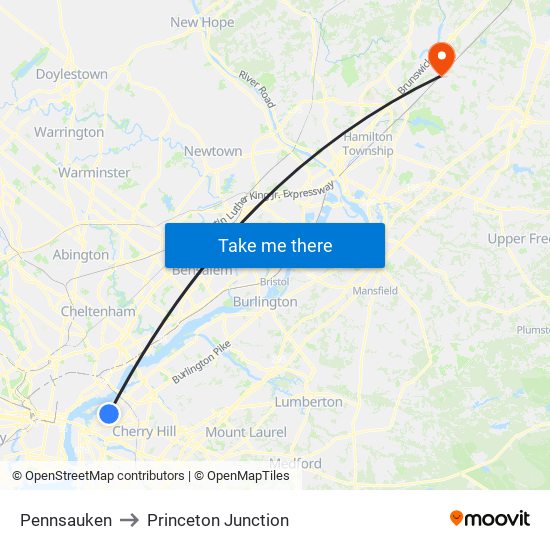 Pennsauken to Princeton Junction map