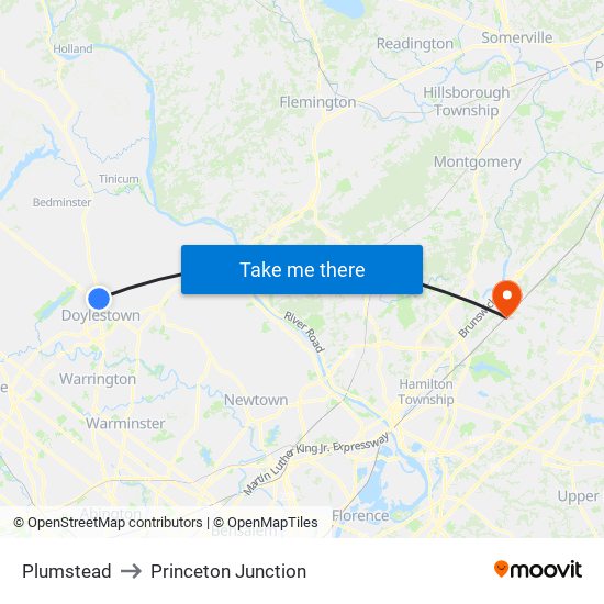 Plumstead to Princeton Junction map