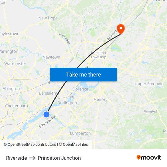Riverside to Princeton Junction map