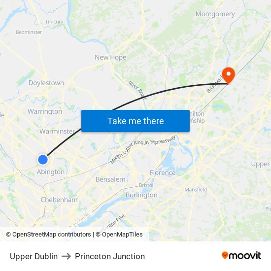 Upper Dublin to Princeton Junction map