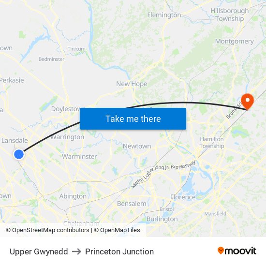 Upper Gwynedd to Princeton Junction map