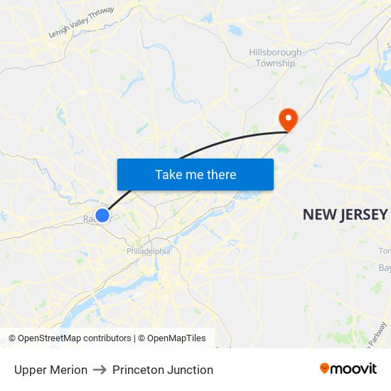 Upper Merion to Princeton Junction map