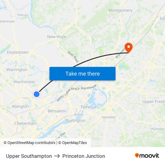 Upper Southampton to Princeton Junction map