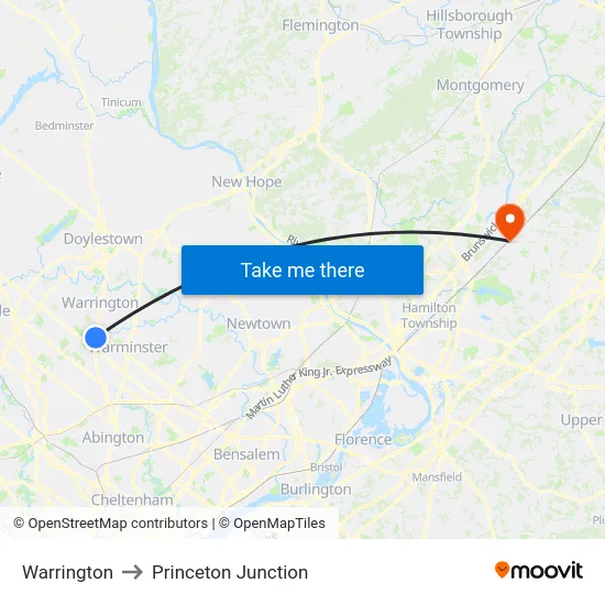 Warrington to Princeton Junction map