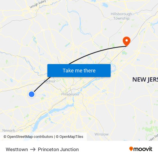 Westtown to Princeton Junction map