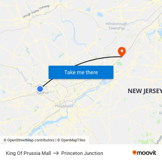 King Of Prussia Mall to Princeton Junction map