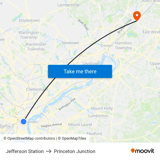 Jefferson Station to Princeton Junction map