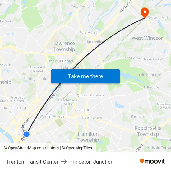 Trenton Transit Center to Princeton Junction map