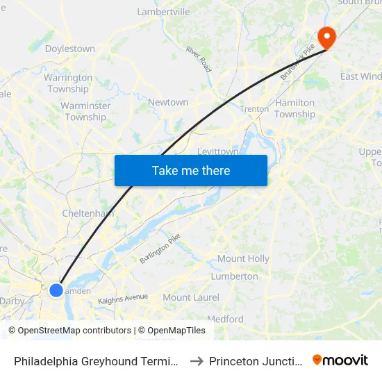 Philadelphia Greyhound Terminal to Princeton Junction map