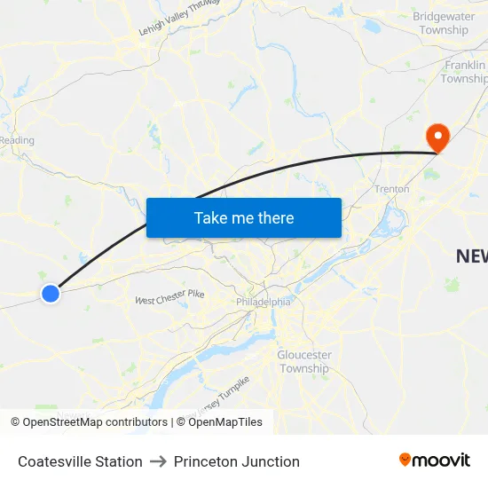 Coatesville Station to Princeton Junction map
