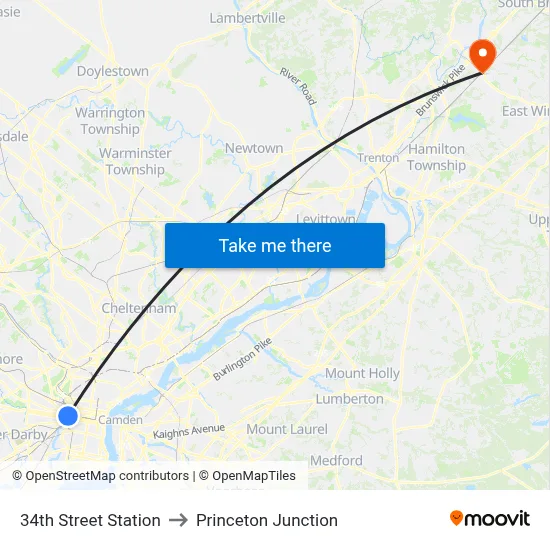 34th Street Station to Princeton Junction map