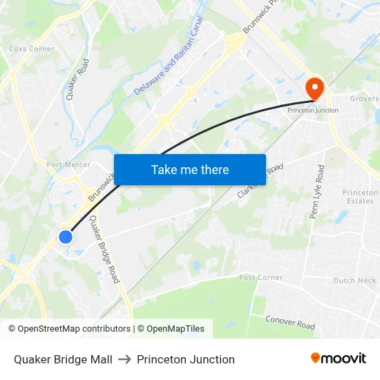 Quaker Bridge Mall to Princeton Junction map