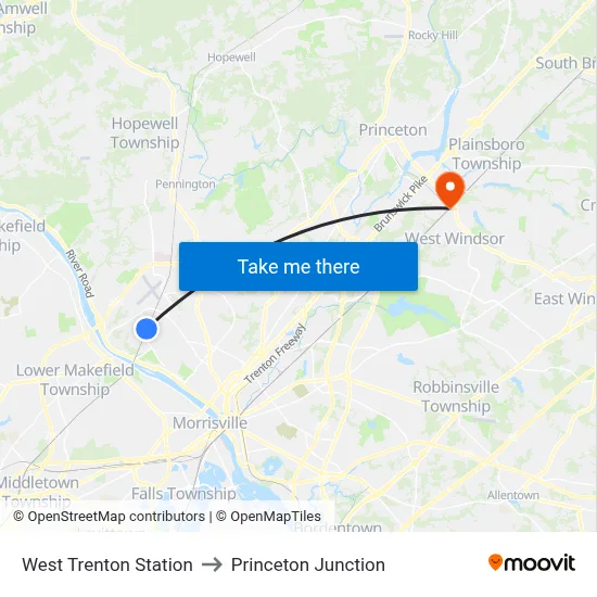 West Trenton Station to Princeton Junction map