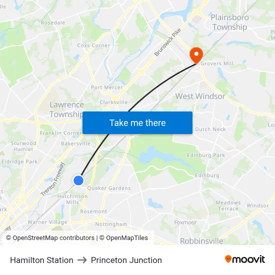 Hamilton Station to Princeton Junction map